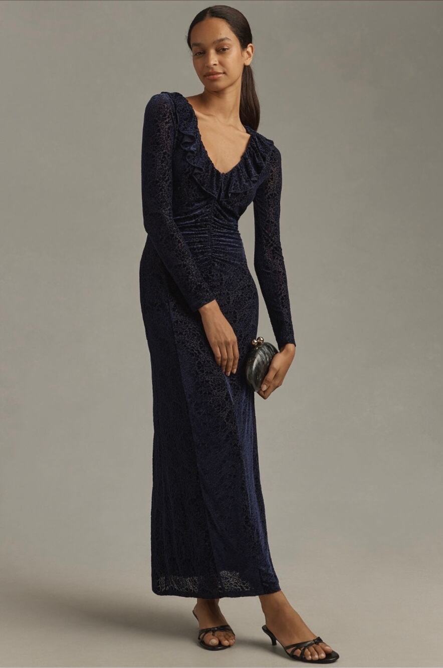 Anthropologie Blue Velvet Ruched Maxi Dress Size Med Ruffle Bodycon Formal - Picture 2 of 15